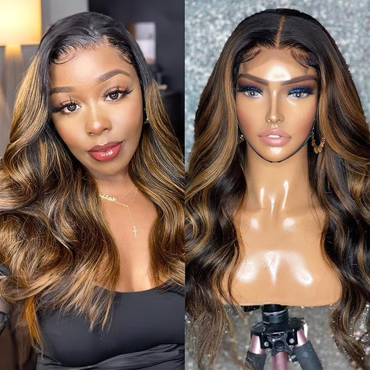 13x4 Body Wave Lace Front Wigs Human Hair 180 Density FB/30 Balayage Ombre Lace Front Wig Human Hair Pre Plucked with Natural Hairline HD Full Frontal for Black Women 20 Inch