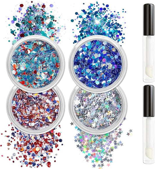 Allstarry Chunky Body Glitter 4 Colors Cosmetic Patriotic Face Glitter Veterans Day Eye Flakes Independence Day Hair Sequins Sparkle 4th of July Accessories for Women Face Paint Makeup Nails Art