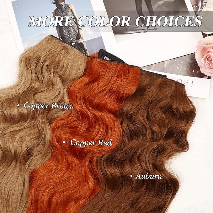 MORICA Invisible Wire Hair Extensions - Copper Red Halo Hair Extensions 20 Inch Long Wavy Synthetic Hairpiece with Transparent Wire, 4 Secure Clips