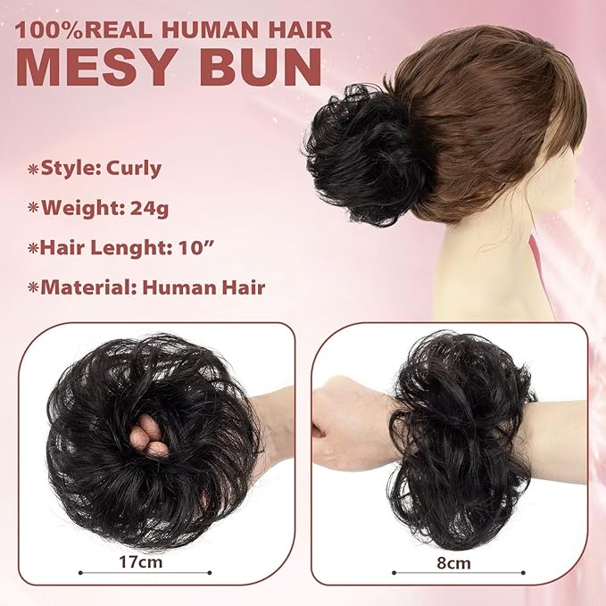 1 PCS Messy Bun Hair Piece Real Human Hair Thick Updo Wavy Curly Chignon Ponytail Hair Extensions Hair Bun Hairpieces for Women Girls (#1B Natural Black)