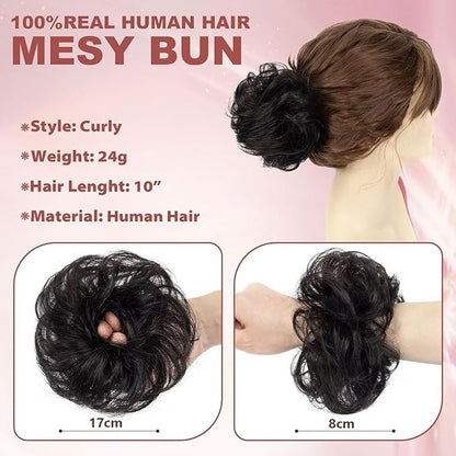 1 PCS Messy Bun Hair Piece Real Human Hair Thick Updo Wavy Curly Chignon Ponytail Hair Extensions Hair Bun Hairpieces for Women Girls (#1B Natural Black)