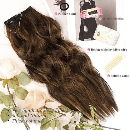 MORICA Invisible Wire Hair Extensions - 20 Inch Mixed Brown Long Wavy Synthetic Hairpiece with Transparent Wire Adjustable Size, 4 Secure Clips for Women