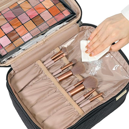 NISHEL Large Double Layer Travel Makeup Bag Women, Cosmetic Case, Organizer for Travel-Size Accessories Bottles, Brushes, Conditioner, and Skin Care Products, Black
