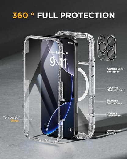 Miracase for iPhone 16 Pro Max Case 6.9'', [Bubble Free] Full-Body Bumper Phone case with Built-in Full Glass Screen &Lens Protector,Compatible with MagSafe,Drop Proof 16 Pro Max Cover,Clear Glitter