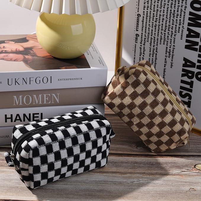 2 Pieces Checkered Cosmetic Travel Bags - Cute Makeup Pouch Organizers With Brush Storage for Women