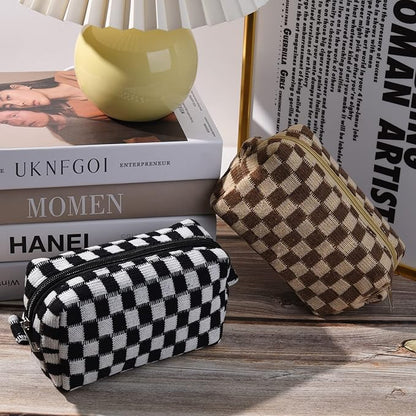2 Pieces Checkered Cosmetic Travel Bags - Cute Makeup Pouch Organizers With Brush Storage for Women