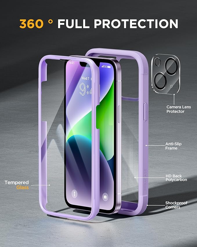 Miracase Glass Series Designed for iPhone 14 Plus Case 6.7 inch, 2023 Upgrade Full-Body Clear Bumper Phone Case with Built-in 9H Tempered Glass Screen Protector and Camera Lens Protector,Purple