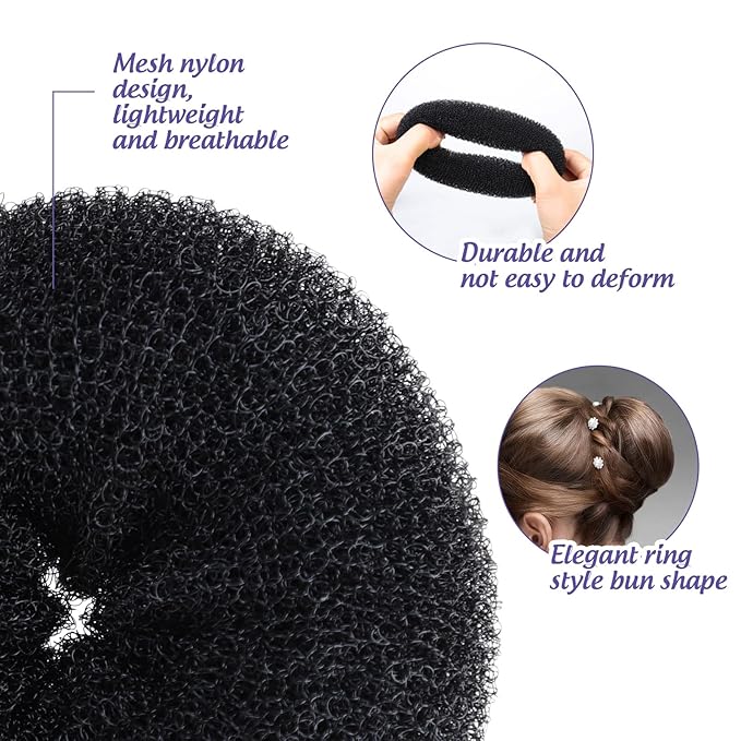 FANDAMEI Hair Donut Bun Maker Set - 4 Bun Shapers, 20 Invisible Nets, 5 Elastics, 20 Bobby Pins (Black)