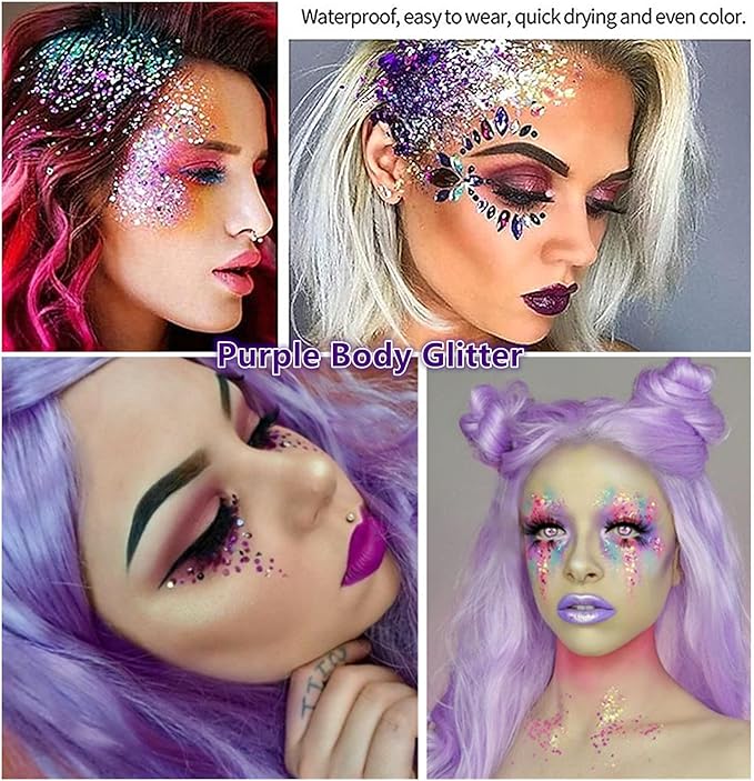 Go Ho Lavender Purple Face Body Glitter Gel,Mardi Gras Outfit for Women Kids,Holographic Mermaid Chunky Sequins Glitters for Eye Lip Hair Nails,Festival Rave Accessories,52g