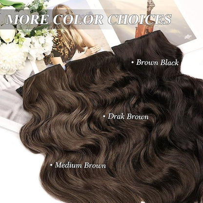 MORICA Invisible Wire Hair Extensions - 14 Inch Dark Brown Long Wavy Synthetic Hairpiece with Transparent Wire Adjustable Size, 4 Secure Clips for Women(Dark Brown,14Inch)