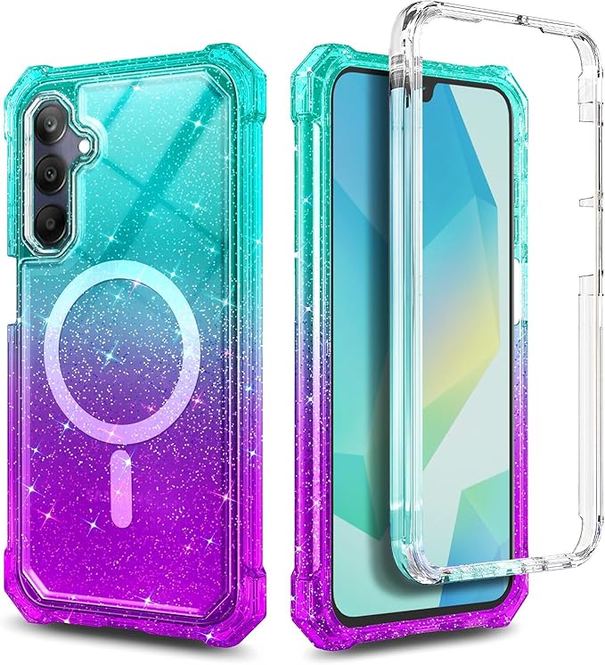 Designed for Samsung Galaxy A36-5G Phone Case, Magnetic Compatible with MagSafe, [Raised Corners Drop Protection] Shockproof Protective Bumper Cover (Glitter Aqua/Purple)