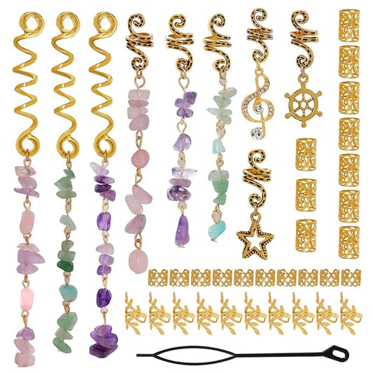 40Pcs Hair Jewelry for Braids, hoyuwak Natural Colored Crystal Stone Hair Braid Accessories Metal Hair Charms Gold Loc Dreadlock Spirals Cuffs Rings for Women Girls Rave Festival Hairstyle Decoration