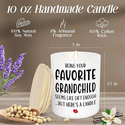 TEEZWONDER Mothers Day Gifts for Grandma - Favorite Grandchild Long Lasting Vanilla Lavender Candle 10 oz - Funny Mother's Day Fathers Day Birthday Gifts for Grandma Grandpa from Grandkids