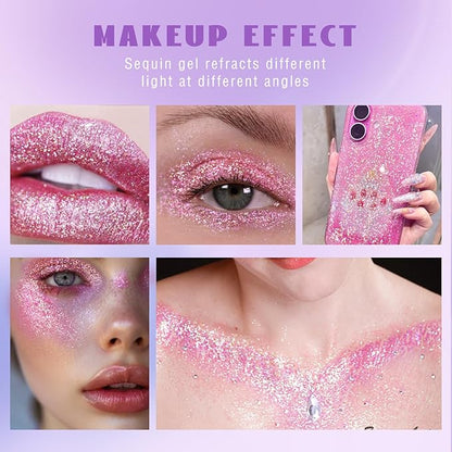 Roll-on Holographic Body Glitter Gel for Face Hair, Chameleon Color Changing Glitter Gel Under Light, Chunky Mermaid Sequins Festival Party Rave Accessories Shimmer Makeup (20# Pink)