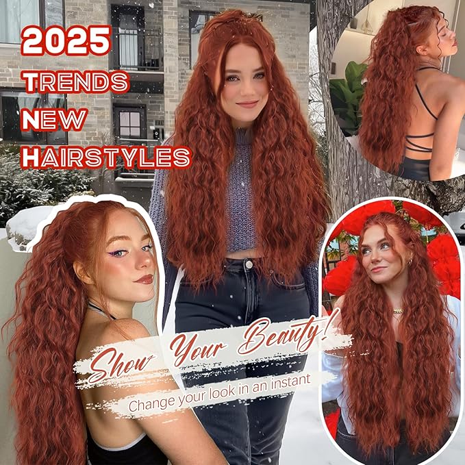 ORSUNCER Ponytail Extension Claw 26" Curly Pony Tail Clip in Claw Hair Extensions Fluffy Natural Looking Synthetic Hairpiece for Women Reddish Orange