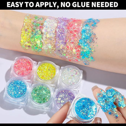 Teenitor 6 Colors Glow in The Dark Glitter Gel, Body Glitter Face Glitter for UV Black Light Party Raves Festivals