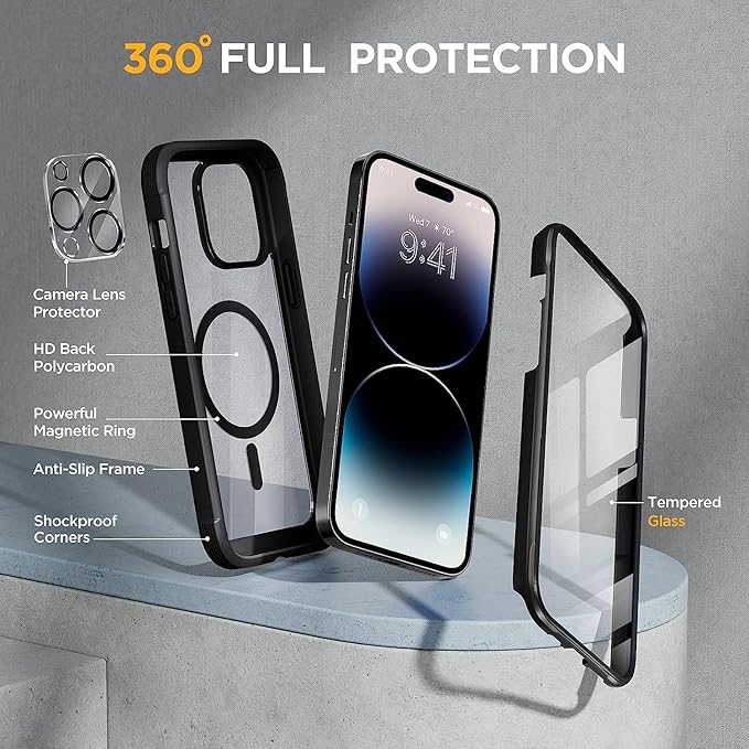 Miracase Magnetic for iPhone 14 Pro Case, [Compatible with MagSafe] [Built-in Tempered Glass Screen Protector] Full-Body Rugged Protective Case with Camera Lens Protector, Black