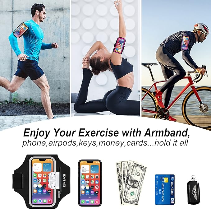 Armband for iPhone 16/16 Pro/15/15 Pro/14/14 Pro/13/13 Pro/13 Mini/12/12 Pro/12 Mini/11/11 Pro/XR/XS/X/SE/8/7/6,Water Resistant Sport Armband with Zipper Slot for Airpods and Car Key (Black)