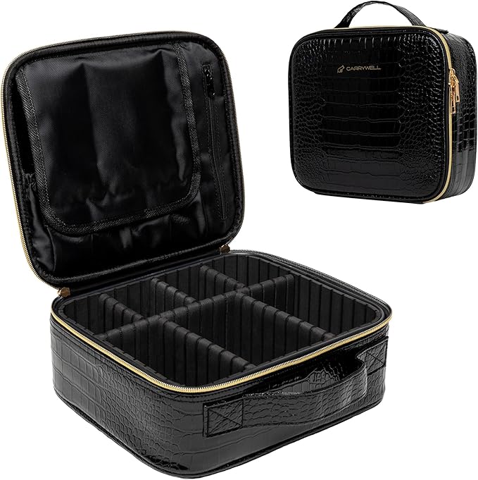 (Not Made In China) 2 Pack, Makeup Bag Travel Case, Train Case for Cosmetics, Portable Beauty Organizer, Cosmetic Storage Bag With Adjustable Dividers For Make Up and Brushes (Croco, Small)