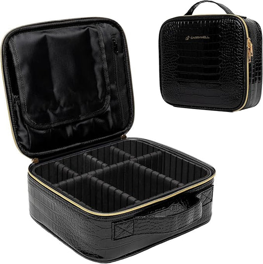 (Not Made In China) Makeup Train Case, Cosmetic Organizer Bag, Travel Make Up Storage With Adjustable Dividers For Cosmetics, Jewelry, Fragrance, Nail Polish and Brushes (1, Crocodile, Small)