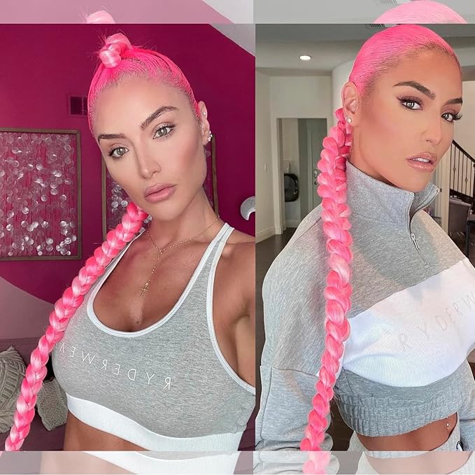 2 Pack Pink Long Braided Ponytail Extension with Hair Tie Straight Wrap Around Hair Extensions Ponytail Natural Soft Synthetic Hair Piece for Women