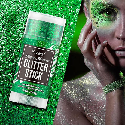 Brzeaf Waterproof Green Body Glitter Stick, Chunky Glitter for Face/Body/Hair/Eyes/Lip, Singer Concert Music Rave Festival, Glitter Stick Makeup & Face Glitter Gel for Women Men 0.56 OZ