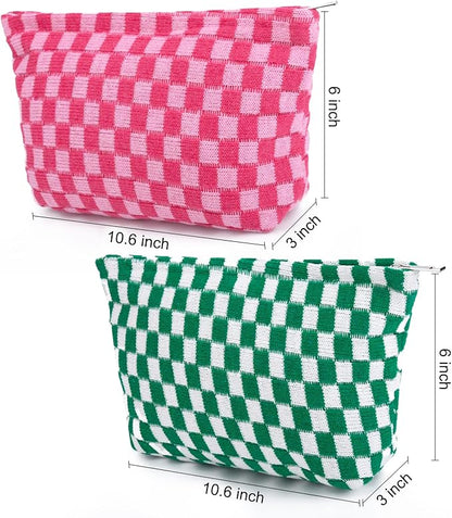 2 Pieces Makeup Bag Large Checkered Cosmetic Bag Capacity Canvas Travel Toiletry Bag Organizer Cute Makeup Brushes Aesthetic Accessories Storage Bag for Women, Checkered L Green Rose red