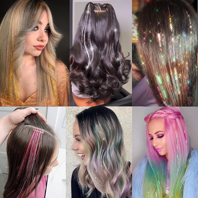12Pcs Hair Tinsel Clip in Glitter Tinsel Hair Extensions 19.6Inch Clip in Hair Tinsel Kit Heat Resistant Shiny Sparkly Fairy Hair Accessories for Women Girls Kids (Pink)