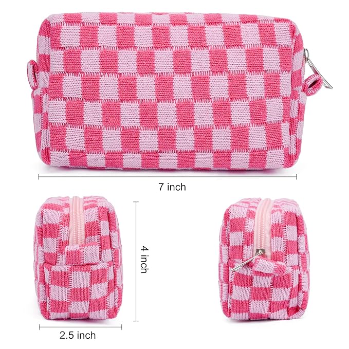 2 Pieces Makeup Bag Pouch Checkered Cosmetic Bag Pink Green, Travel Toiletry Bag Organizer Cute Makeup Brushes Storage Bag for Women