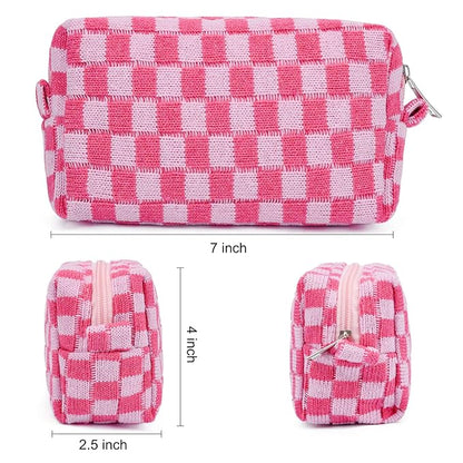 2 Pieces Makeup Bag Pouch Checkered Cosmetic Bag Pink Green, Travel Toiletry Bag Organizer Cute Makeup Brushes Storage Bag for Women