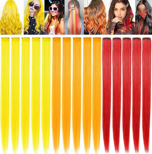 12 PCS Colored Hair Extensions, Multi-colors Hairpieces Party Highlights Clip in Synthetic Hair Extensions 20 Inch for Women and Girls (Red Orange Yellow)