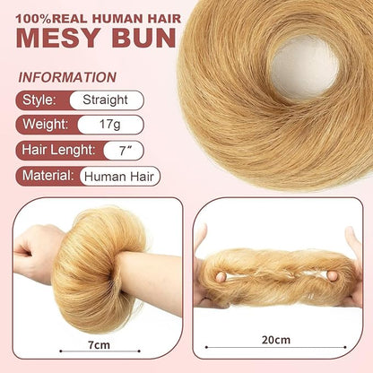 1PCS Messy Bun Hair Piece Human Hair Natural Curly 100% Real Human Hair Chignons Scrunchies Hair Fluffy Hair Buns for Women Bun Donut Updo Hair Pieces Bun Extension (#27 Honey Blonde)
