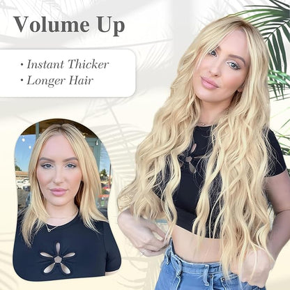 MORICA Invisible Wire Hair Extensions - 20 Inch Blonde Long Wavy Synthetic Hairpiece with Transparent Wire Adjustable Size, 4 Secure Clips for Women