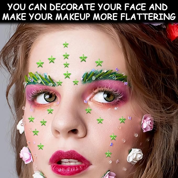 264Pcs Star Face Gems Eye Gems, Self-Adhesive Face Jewels Rhinestones 5/7/10 mm DIY Face Gems Stick on, Patriotic Makeup Gems Rave Accessories for Face Eyes Hair Makeup Body, Crafts (Green-Star)