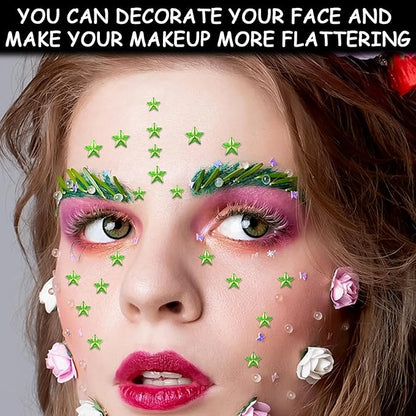 264Pcs Star Face Gems Eye Gems, Self-Adhesive Face Jewels Rhinestones 5/7/10 mm DIY Face Gems Stick on, Patriotic Makeup Gems Rave Accessories for Face Eyes Hair Makeup Body, Crafts (Green-Star)