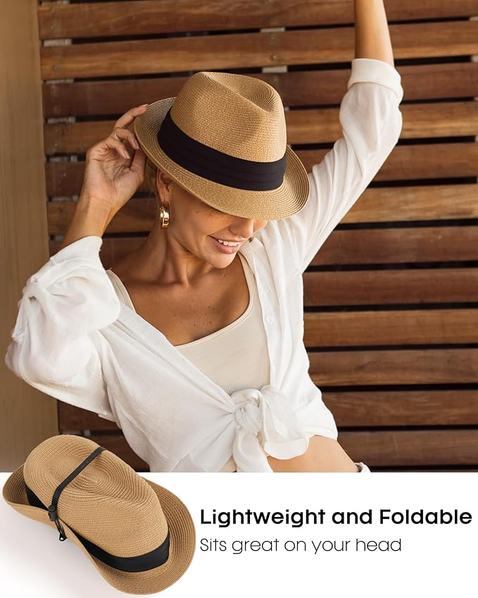 FURTALK Fedora Straw Sun Hat for Men Women Foldable Roll Up Short Brim Trilby Hat Panama Beach Hat UPF 80+