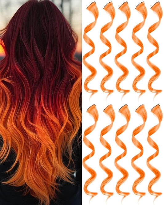 10 PCS Orange Clip-in Curly Wavy Synthetic Hair Extensions, Rainbow Neon Party Highlights, Colorful Hair Accessories for Kids, Girls, Women, 17 Inch