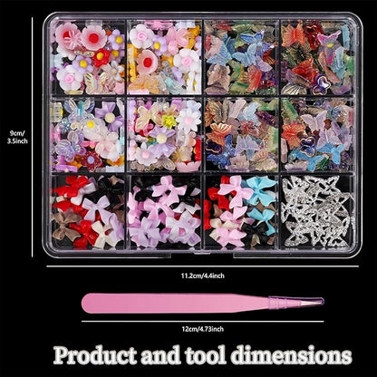 3D Butterfly Flower Nail Charms Acrylic Colorful Flowers Nail Charms with Starry AB Crystals Rhinestones Multi Sizes Pearls 2 Piece Set
