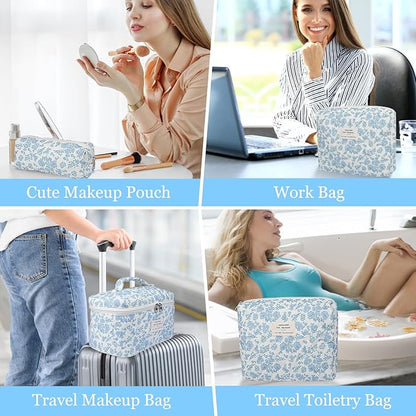 3PC Makeup Bag Set, Quilted Makeup Bag, Large Floral Cosmetic Bag for Women, Cute Cotton Makeup Bags, Flower Travel Toiletry Organizer Bag (Large Cherry)