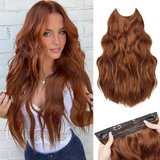 MORICA Halo Hair Extensions 20 Inch Auburn Invisible Wire Hair Extensions, Long Wavy Synthetic Hairpiece with Transparent Wire Adjustable Size, 4 Secure Clips for Women