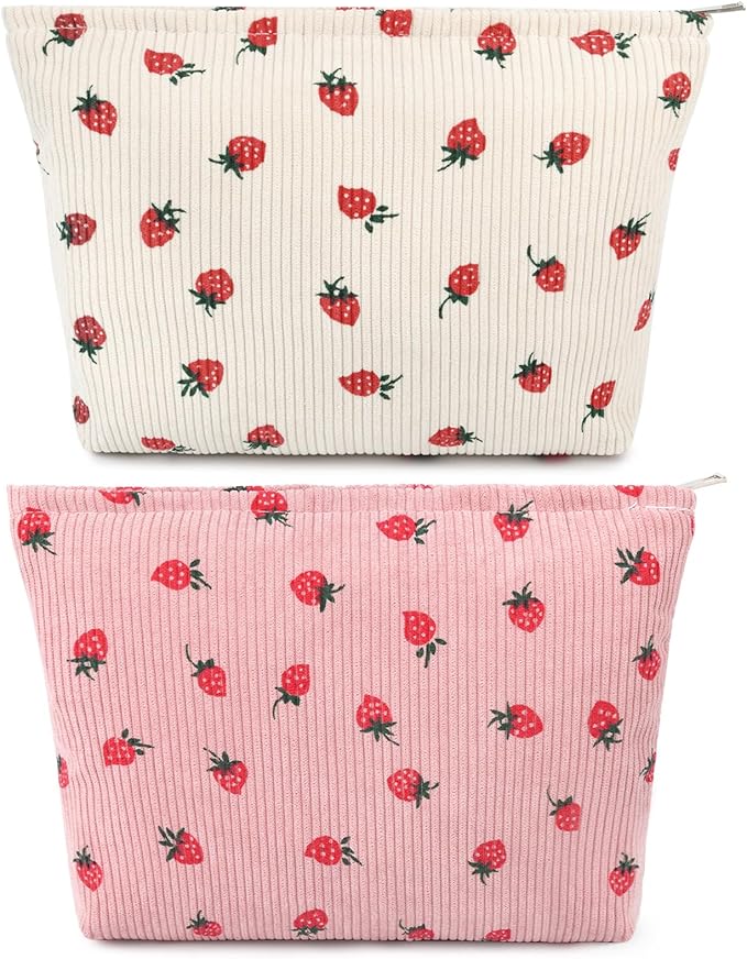 2 Pcs Cute Makeup Bag Large Cosmetic Bag Toiletry Bag Makeup Pouch Travel Bag Organizer Cute Makeup Brushes Aesthetic Accessories Storage Bag for Women Strawberry Pink Beige