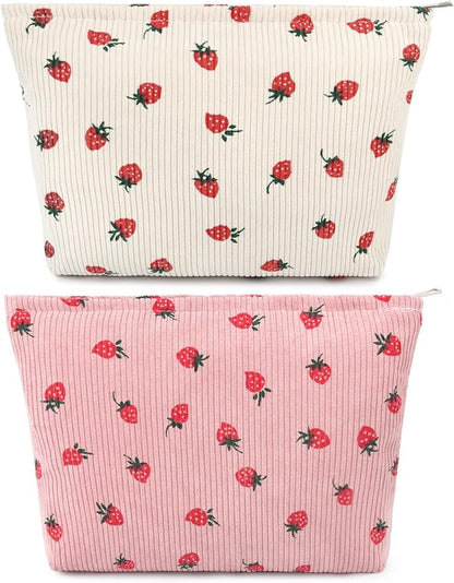 2 Pcs Cute Makeup Bag Large Cosmetic Bag Toiletry Bag Makeup Pouch Travel Bag Organizer Cute Makeup Brushes Aesthetic Accessories Storage Bag for Women Strawberry Pink Beige