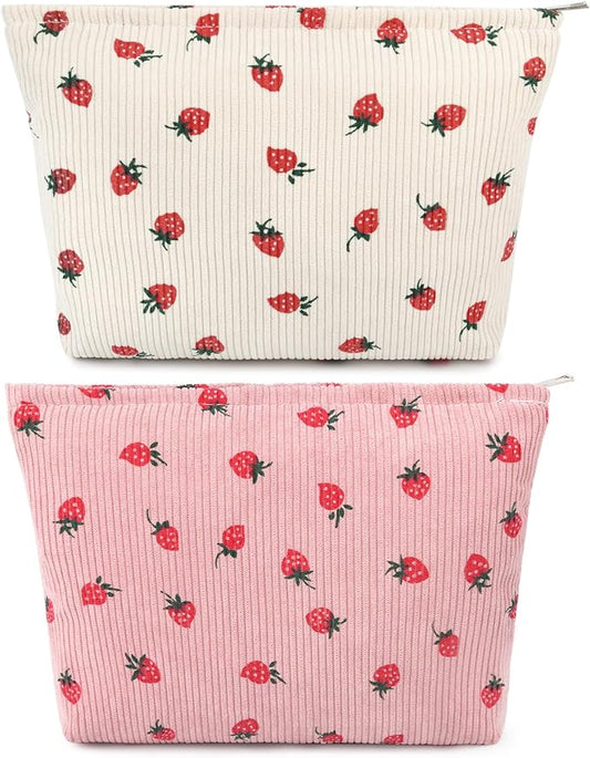 2 Pcs Cute Makeup Bag Large Cosmetic Bag Toiletry Bag Makeup Pouch Travel Bag Organizer Cute Makeup Brushes Aesthetic Accessories Storage Bag for Women Strawberry Pink Beige