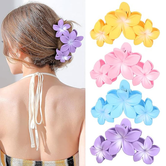 4PCS Hawaiian Plumeria Large Claw Clips for Women - Non-Slip Strong Hold Flower Hair Clips for Thick Hair (Colorful)