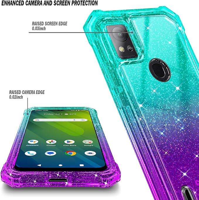 Designed for Cricket Icon 5 Case, AT&T Motivate 4 Phone Case with [Built-in Screen Protector], [5.5FT Mil-Grade Drop Tested] Full-Body Protective Shockproof Bumper Case (Glitter Aqua/Purple)