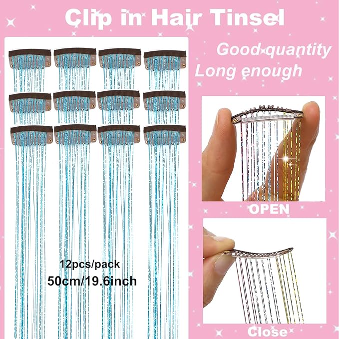 12Pcs Hair Tinsel Clip in Glitter Tinsel Hair Extensions 19.6Inch Clip in Hair Tinsel Kit Heat Resistant Shiny Sparkly Fairy Hair Accessories for Women Girls Kids (Sky Blue)