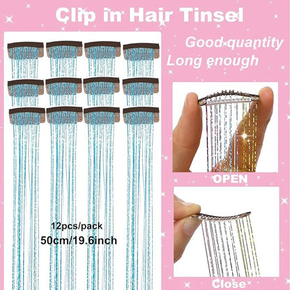 12Pcs Hair Tinsel Clip in Glitter Tinsel Hair Extensions 19.6Inch Clip in Hair Tinsel Kit Heat Resistant Shiny Sparkly Fairy Hair Accessories for Women Girls Kids (Sky Blue)