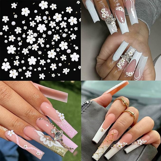 Nail Art Charms 3D Flower Nail Charms for Acrylic Nails White Gold Nail Art Supplies Luxurious Gems Rhinestones Pearls Design Nail Accessories for Women and Girls Nail Decorations.