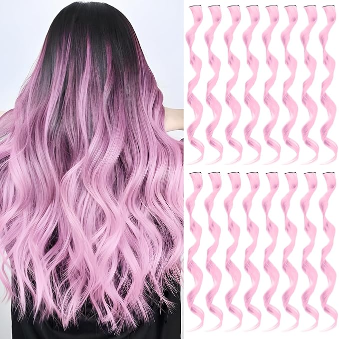16 Pcs Colored Hair Extensions Curly Wavy Clip in Synthetic Hairpiece Streak for Girls Women Kids, Multi-colors Party Highlights Cosplay Festival Gift(Light Pink)
