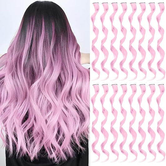 16 Pcs Colored Hair Extensions Curly Wavy Clip in Synthetic Hairpiece Streak for Girls Women Kids, Multi-colors Party Highlights Cosplay Festival Gift(Light Pink)